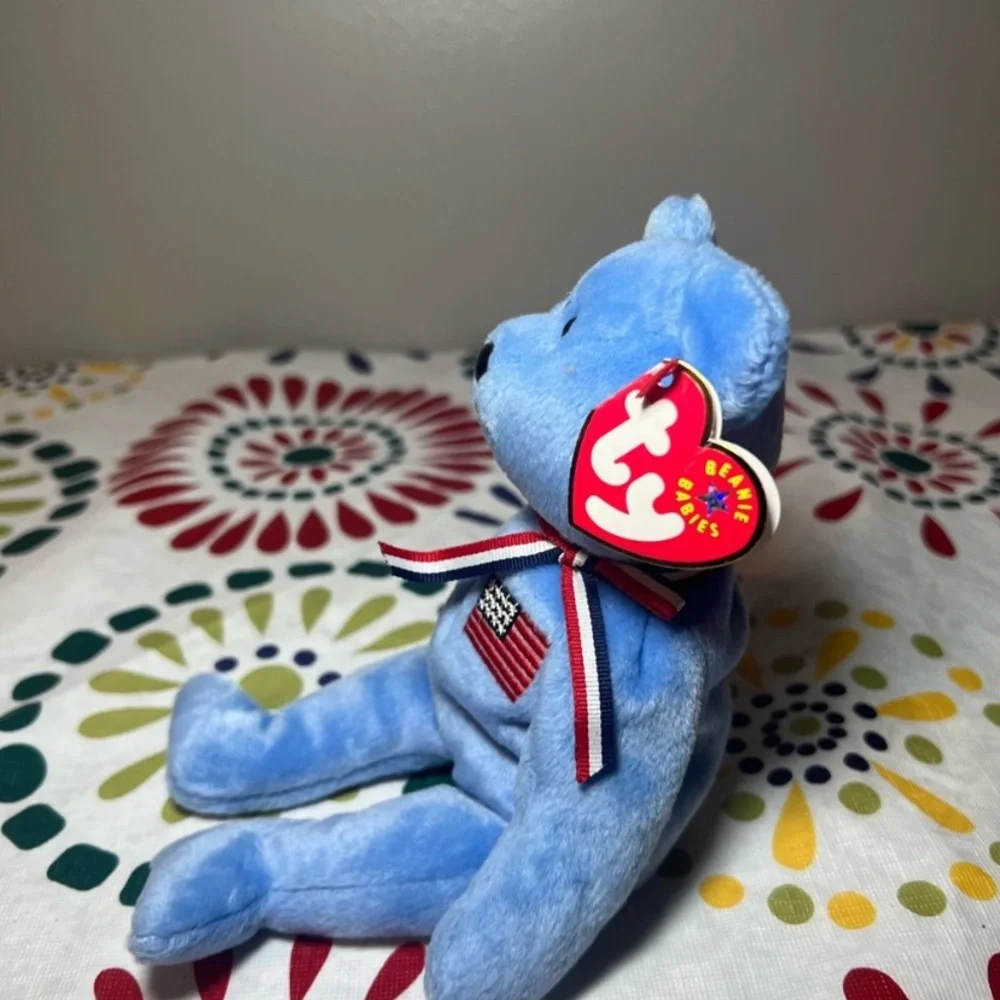 TY Beanie Baby”America”9/11 Memorial Blue Plush Bear with American Flag -